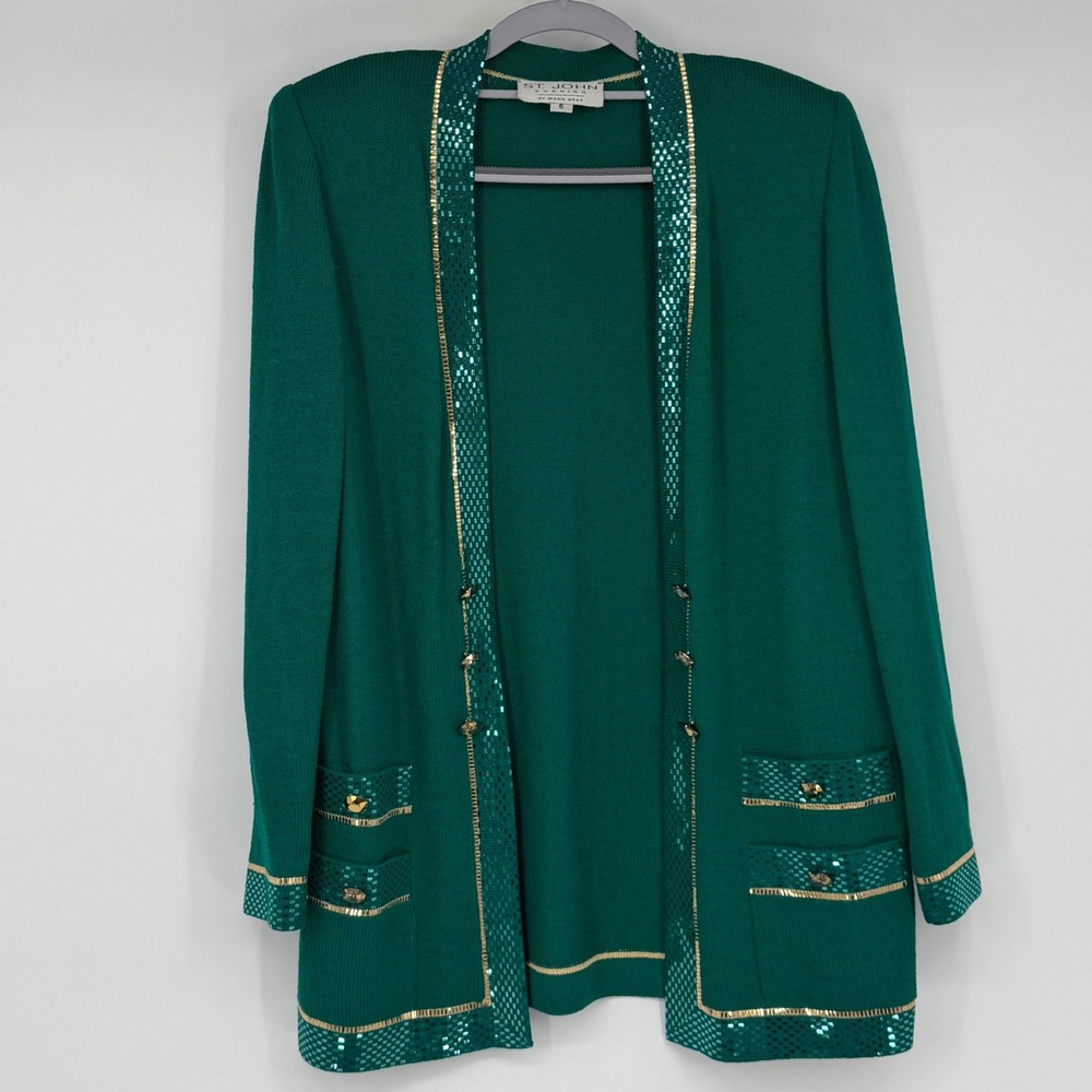 Vintage St. John Evening Marie Gray Green Sequin Santana Knit Cardigan Jacket 6